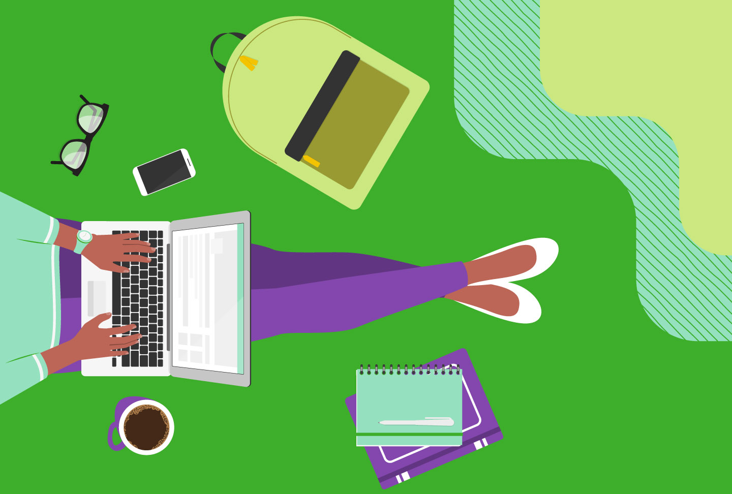 BacktoCampusCare: What to Know Before You Go Illustration of a female student sitting outside with a laptop.