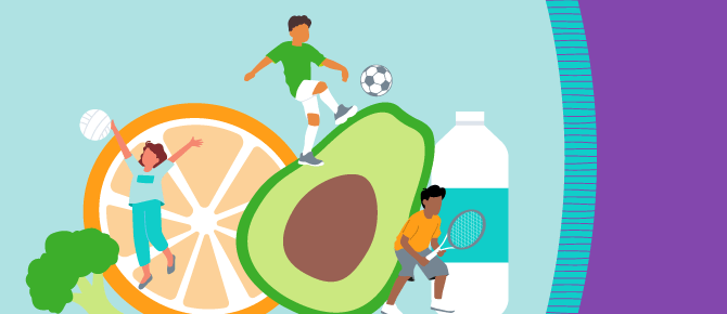 Illustration of children playing sports surrounded by fruits and vegetables, water bottle