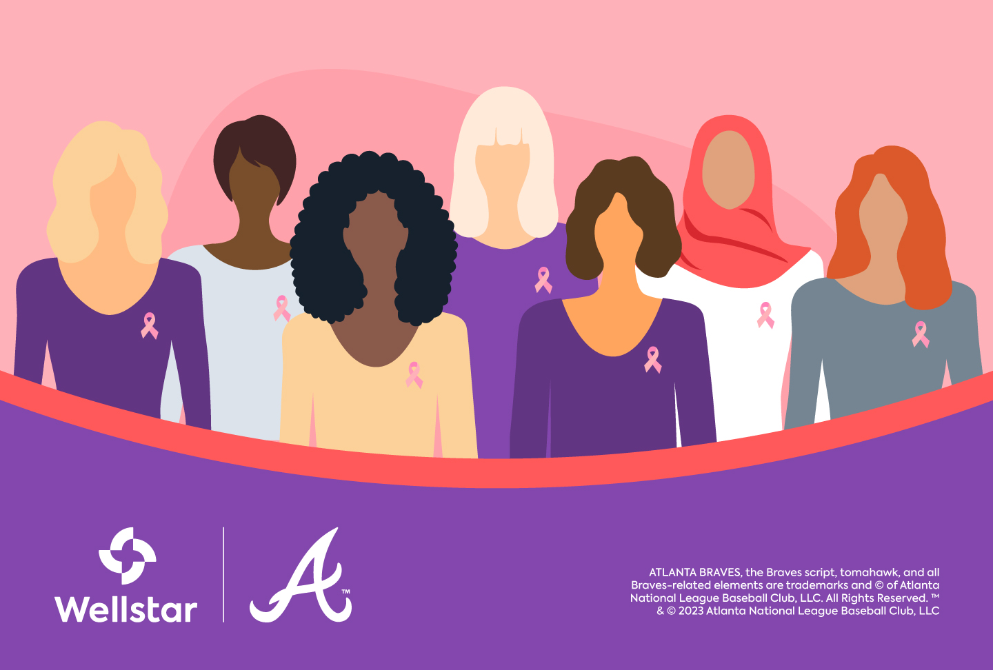 Wellstar Commemorates Breast Cancer Awareness Day with Atlanta Braves Illustration of people wearing pink ribbons. Wellstar and Braves logos