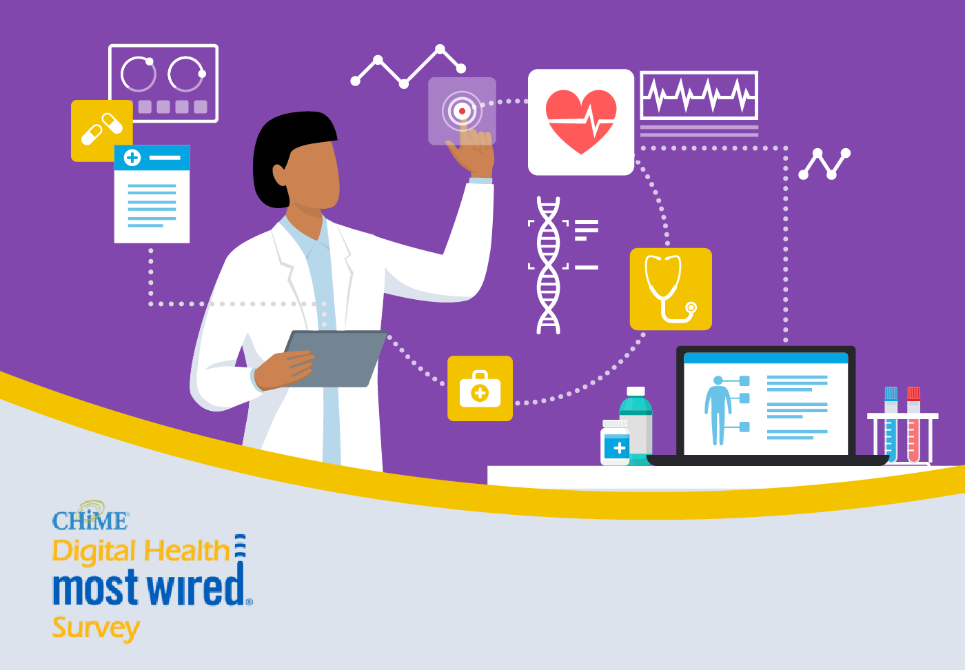 Wellstar Health System Earns Seventh CHIME Digital Health Most Wired Recognition Provider with interconnected health icons including heart and stethoscope