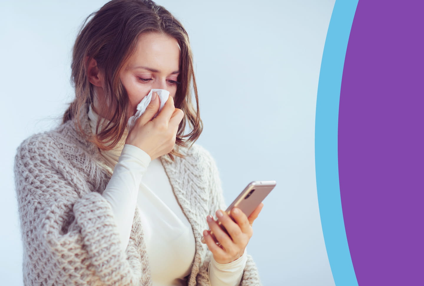 Access Customized Care Plans Online with Wellstar E-Visits Person blowing nose with tissue, looking at phone