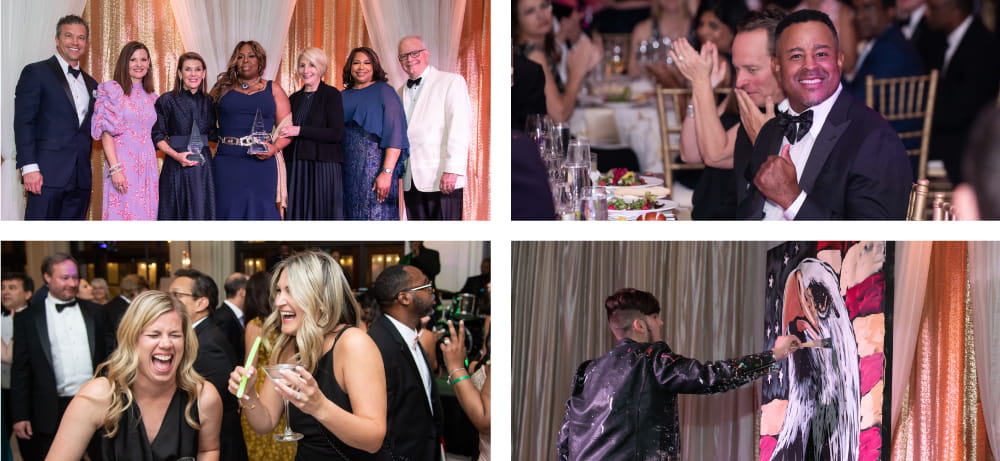 Collage of photos from gala. Clockwise from top left: Group of people posing for photo. People clapping. Two people laughing. Person painting eagle and American flag.