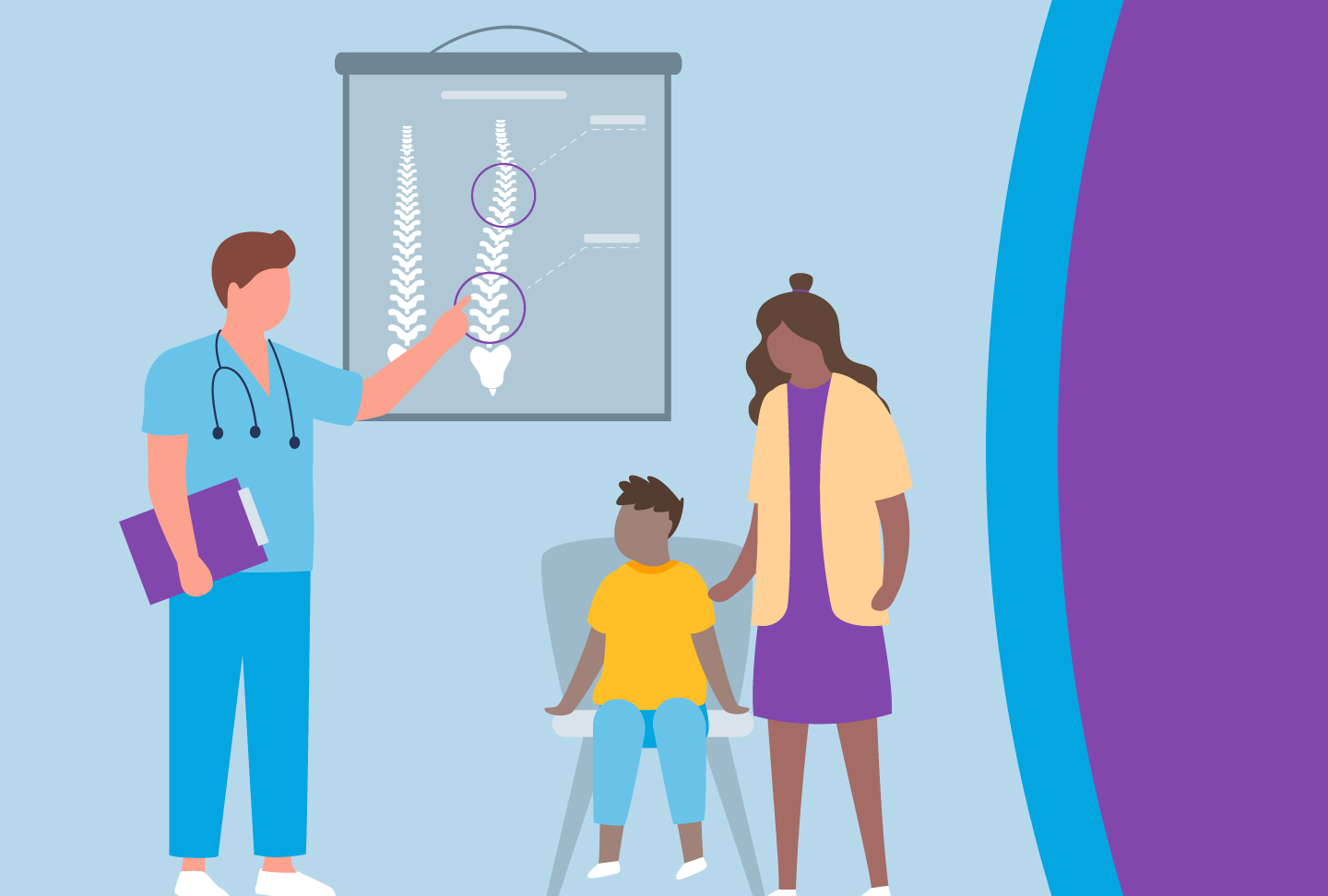 Wellstar Pediatric Orthopedics Provides Advanced Scoliosis Care for Children Illustration of doctor showing imaging of spine to parent and child