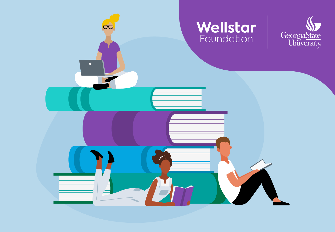 Wellstar Health System Partners with Georgia State University to Increase Respiratory Therapy Student Enrollment Through Wellstar Foundation Grant Illustration of stack of books and people studying. Wellstar Foundation and Georgia State University logos.