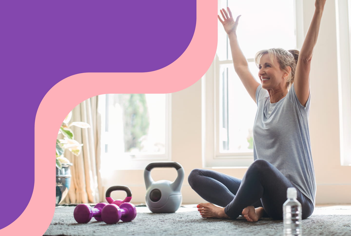 Lower Your Risk & Recognize Signs of Gynecological Cancer Woman stretching on the floor with a set of dumbbells and hand weights.