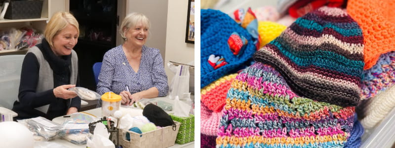 Left photo: Wellstar President and CEO Candice L. Saunders with Cancer Survivor and Happy Caps Founder Kathy DeJoseph. Left photo: knitted hats.