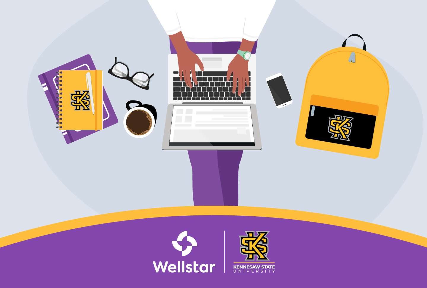 HealthyOwlCare Illustration of student using laptop. Backpack and notebook with Kennesaw State University logo. Wellstar and Kennesaw State University logos at bottom of image.
