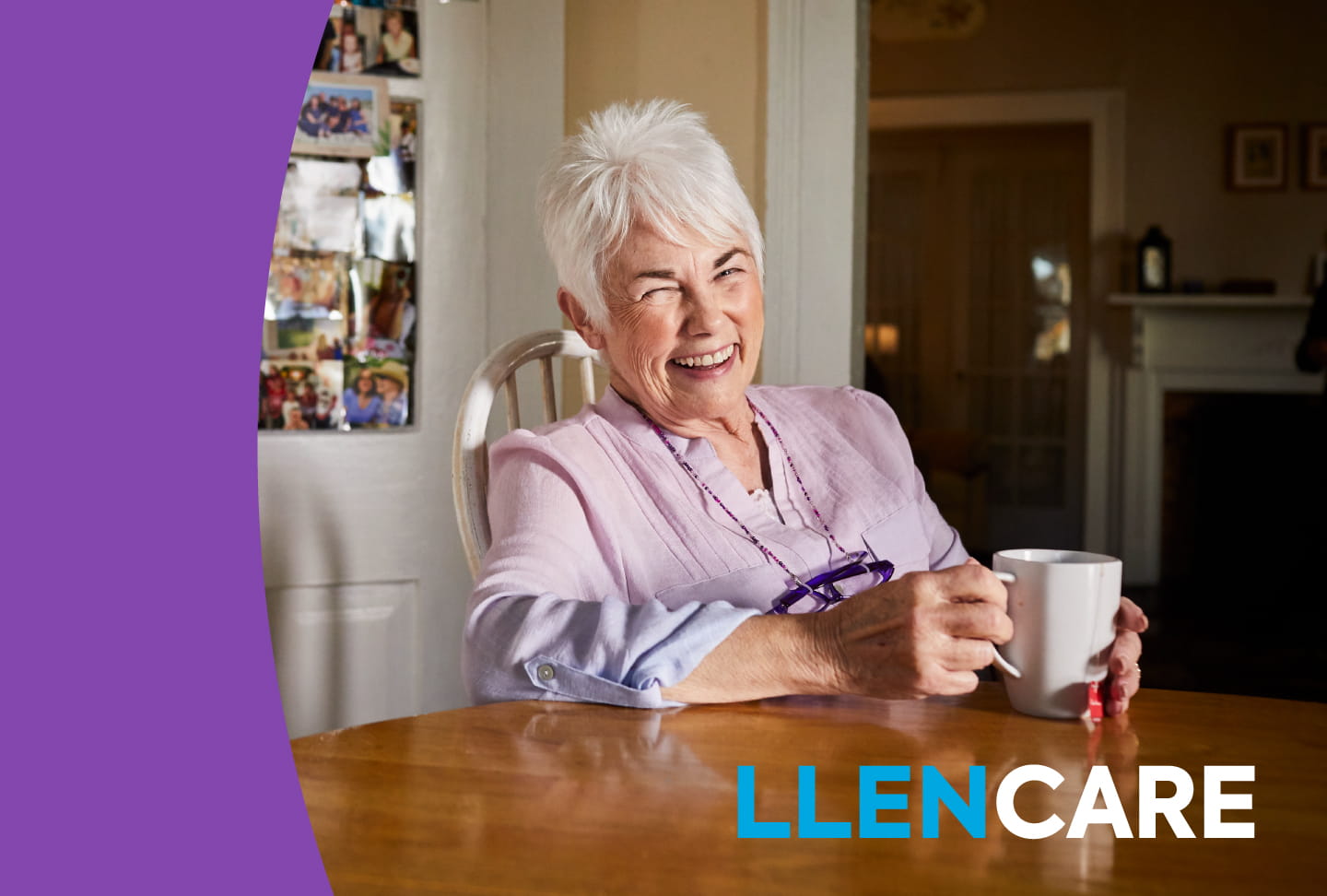 LlenCare Llen at table drinking coffee