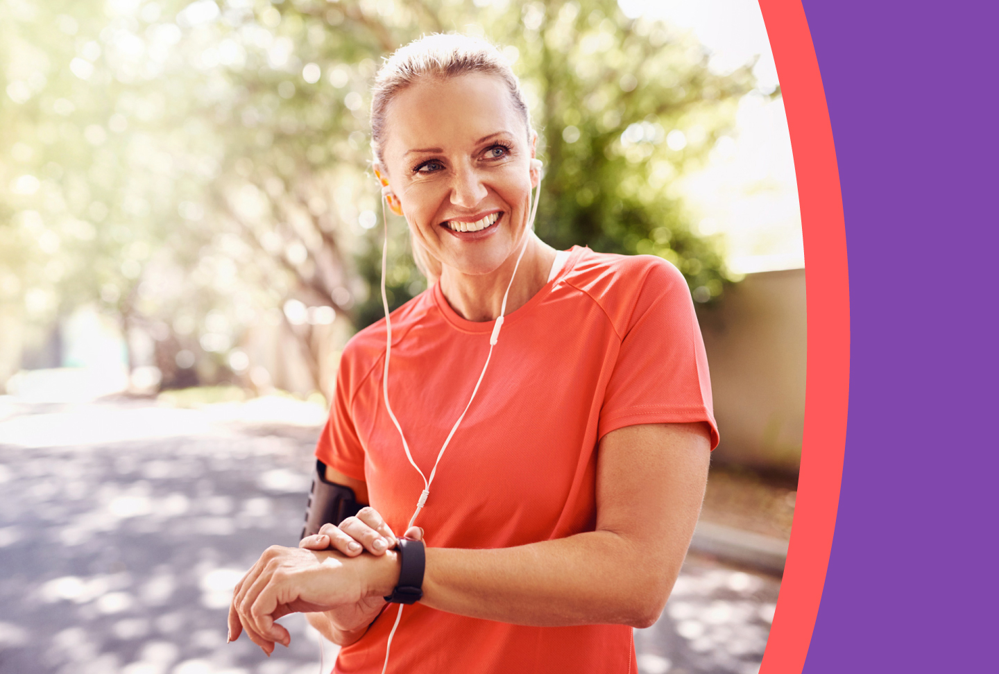 Smiling women checks her pulse during exercise. Make health your habit to prevent stroke.