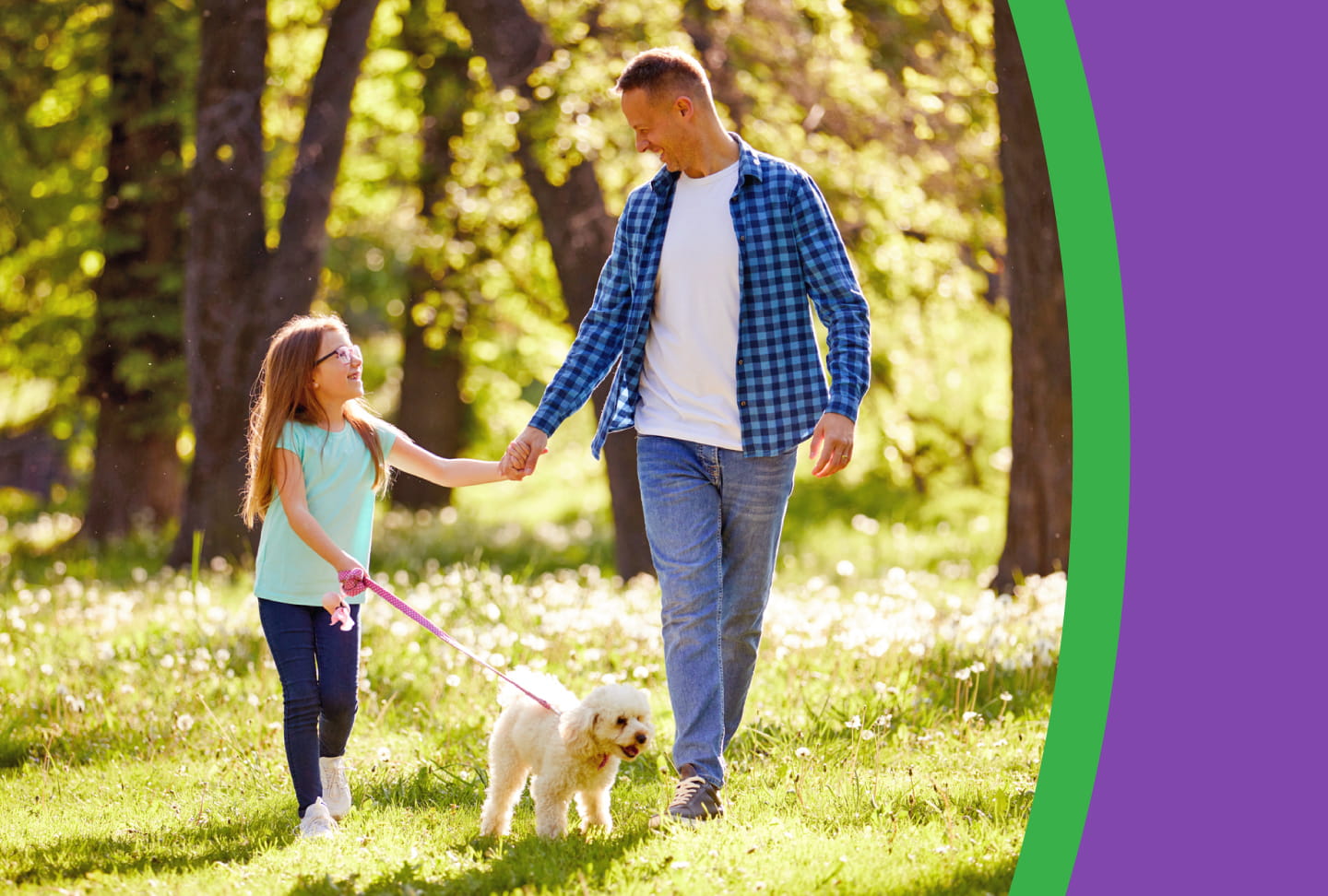 Make Health Your Habit This Spring A father and daughter walk with their dog on a bright spring day.