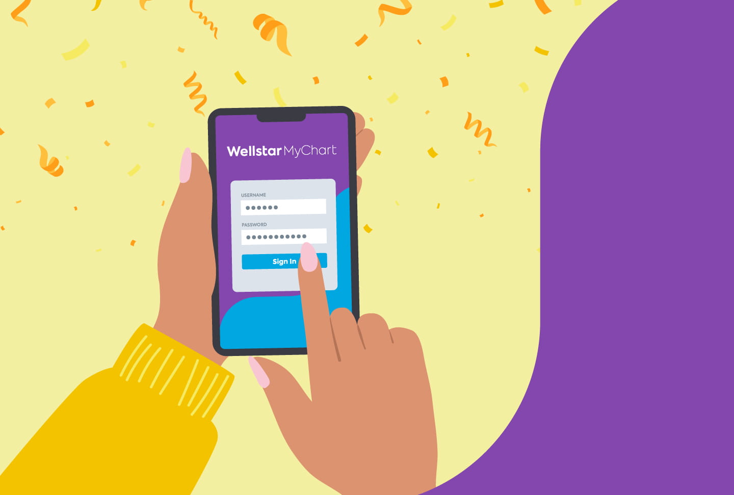 Wellstar Celebrates MyChart Milestone Illustration of person logging into MyChart on phone