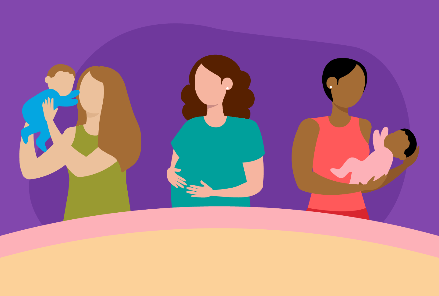 Support for New Moms at Every Step Illustration of two mothers holding babies, pregnant woman in middle