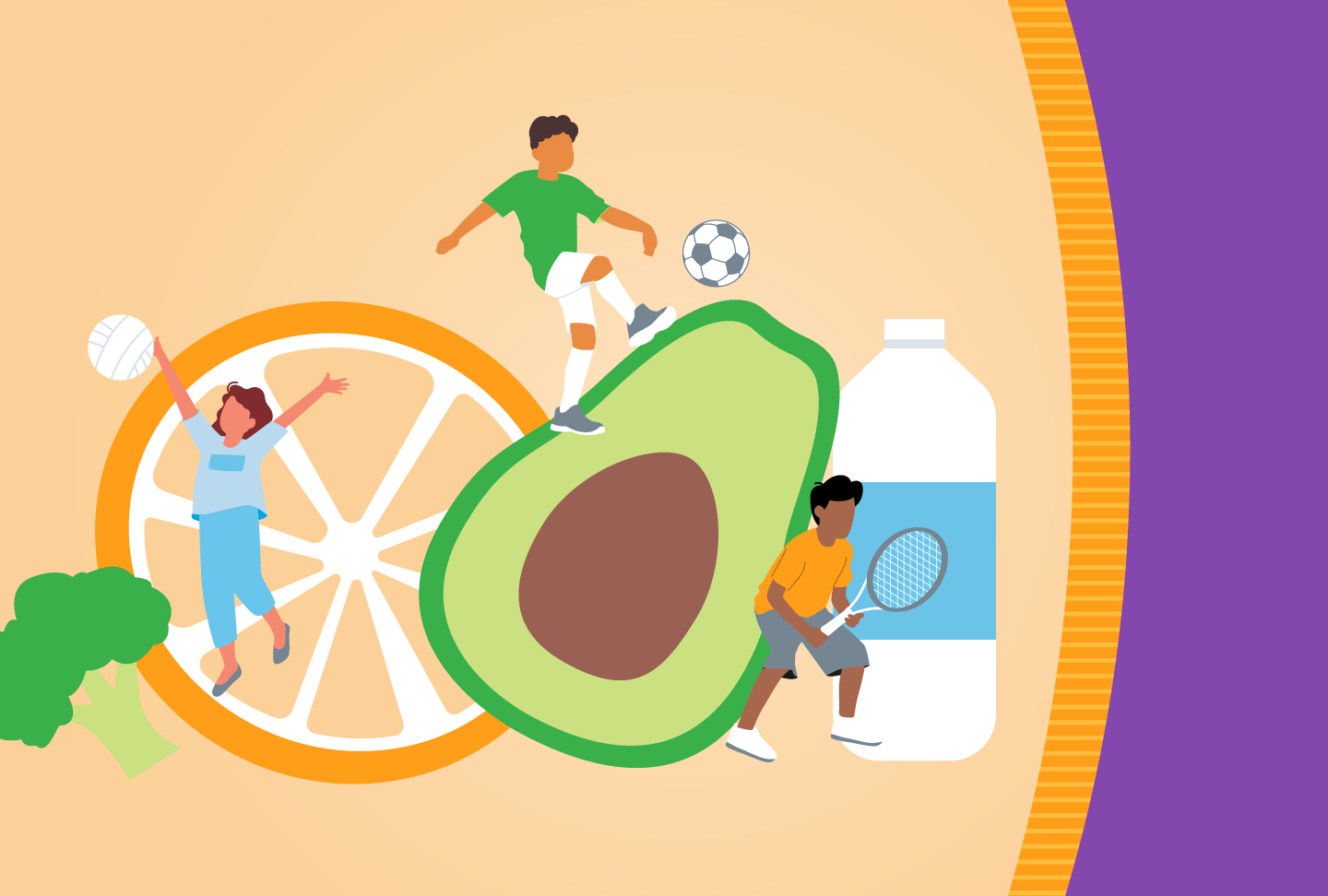 Fueling Up for Sports this School Year Illustration of children playing sports surrounded by fruits and vegetables, water bottle