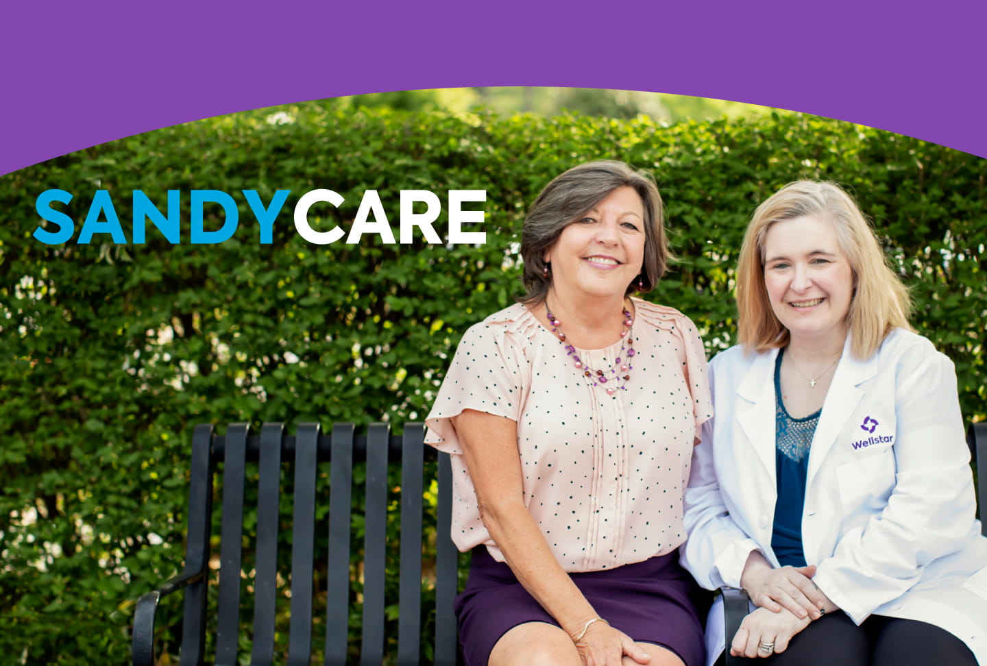 SandyCare Sandy and Kellie sitting on a bench, and text "SandyCare".