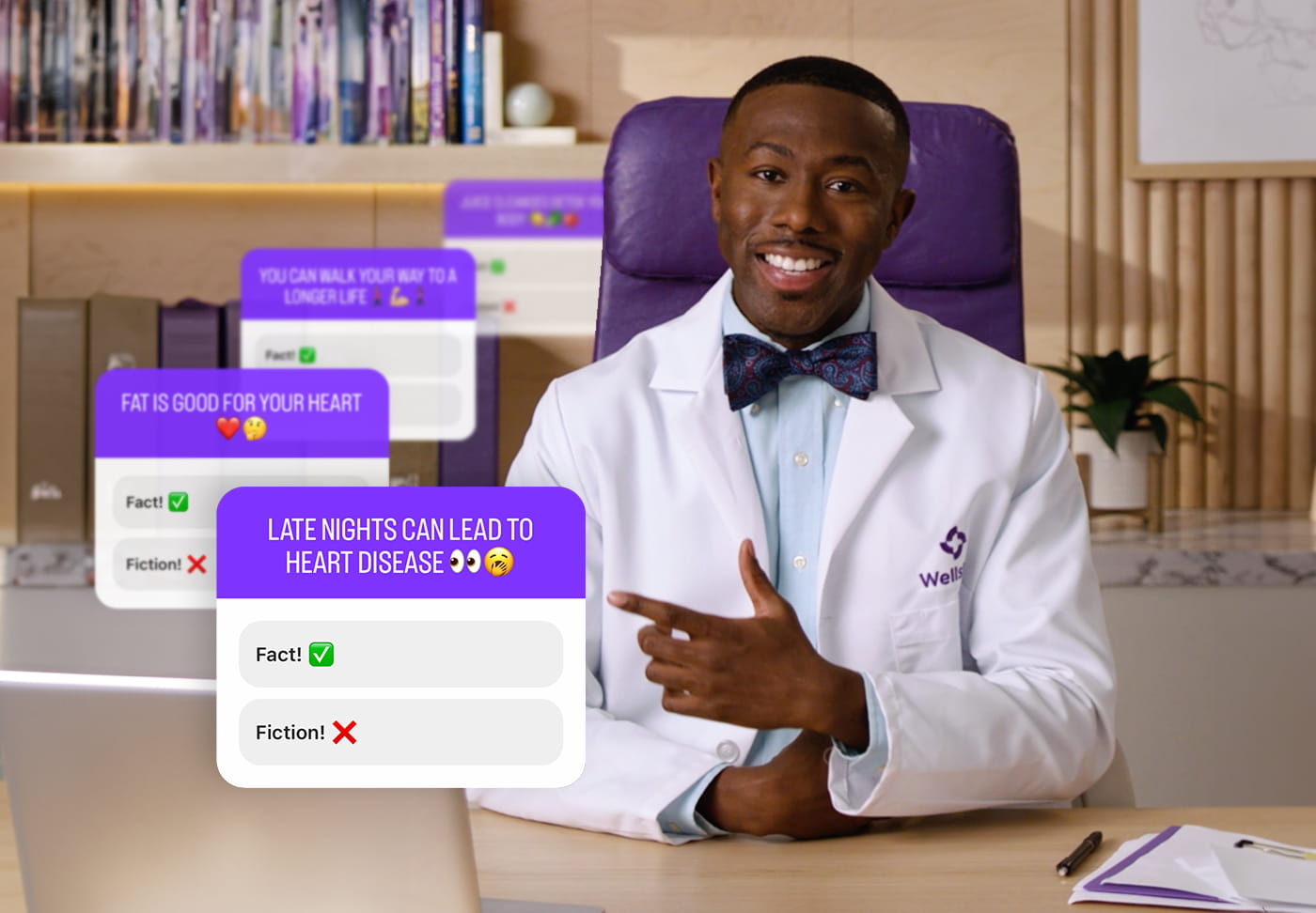 Fact or Fiction? Wellstar Cardiologist Breaks Down 5 Heart Health Trends Photo of Dr. Eddie Hackler and social media polls depicting heart health fact or fiction questions: You can walk your way to a longer life, fat is good for your heart and late nights can lead to heart disease