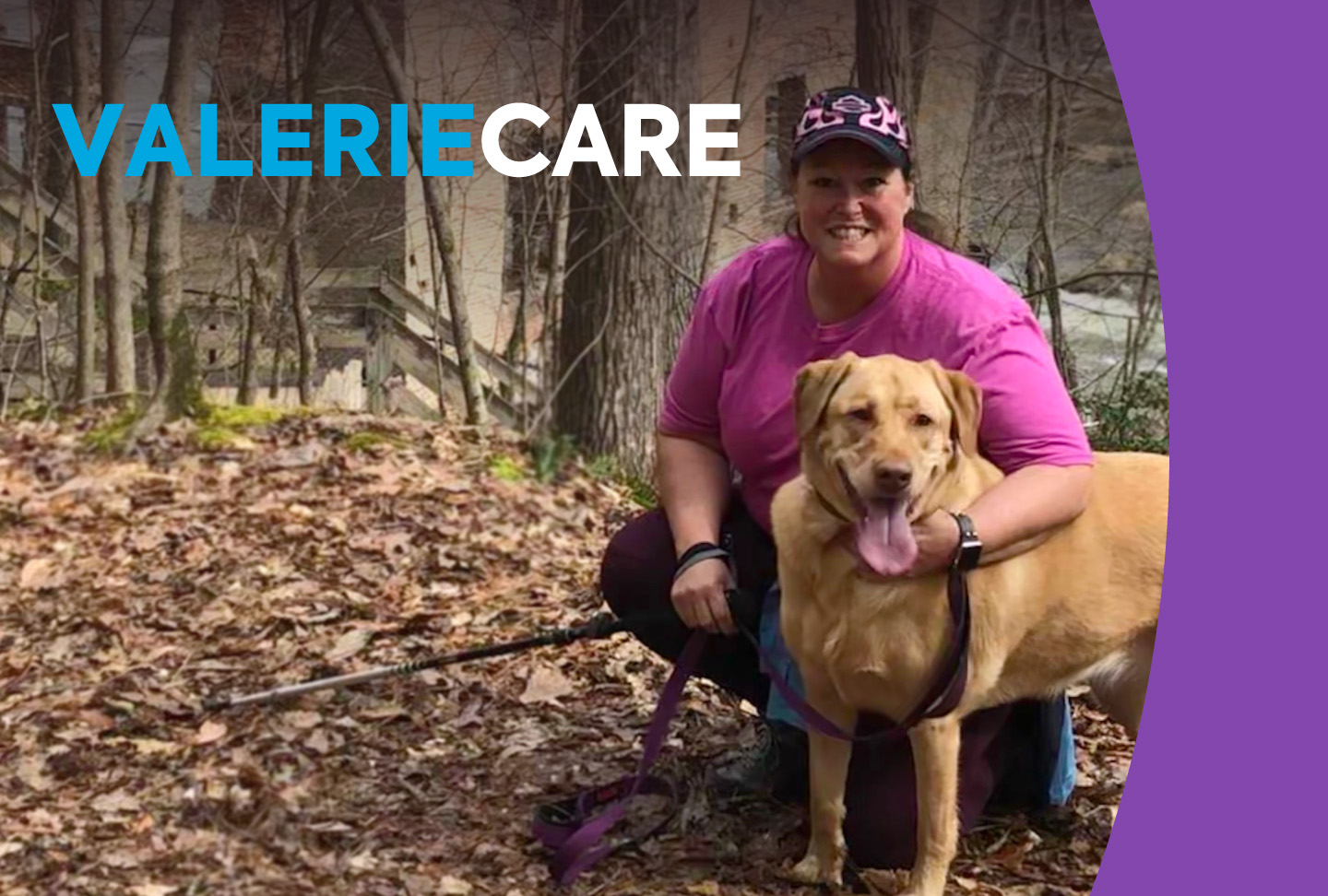 ValerieCare: Spine surgery success at Wellstar North Fulton Hospital Valerie and her dog out in the woods.