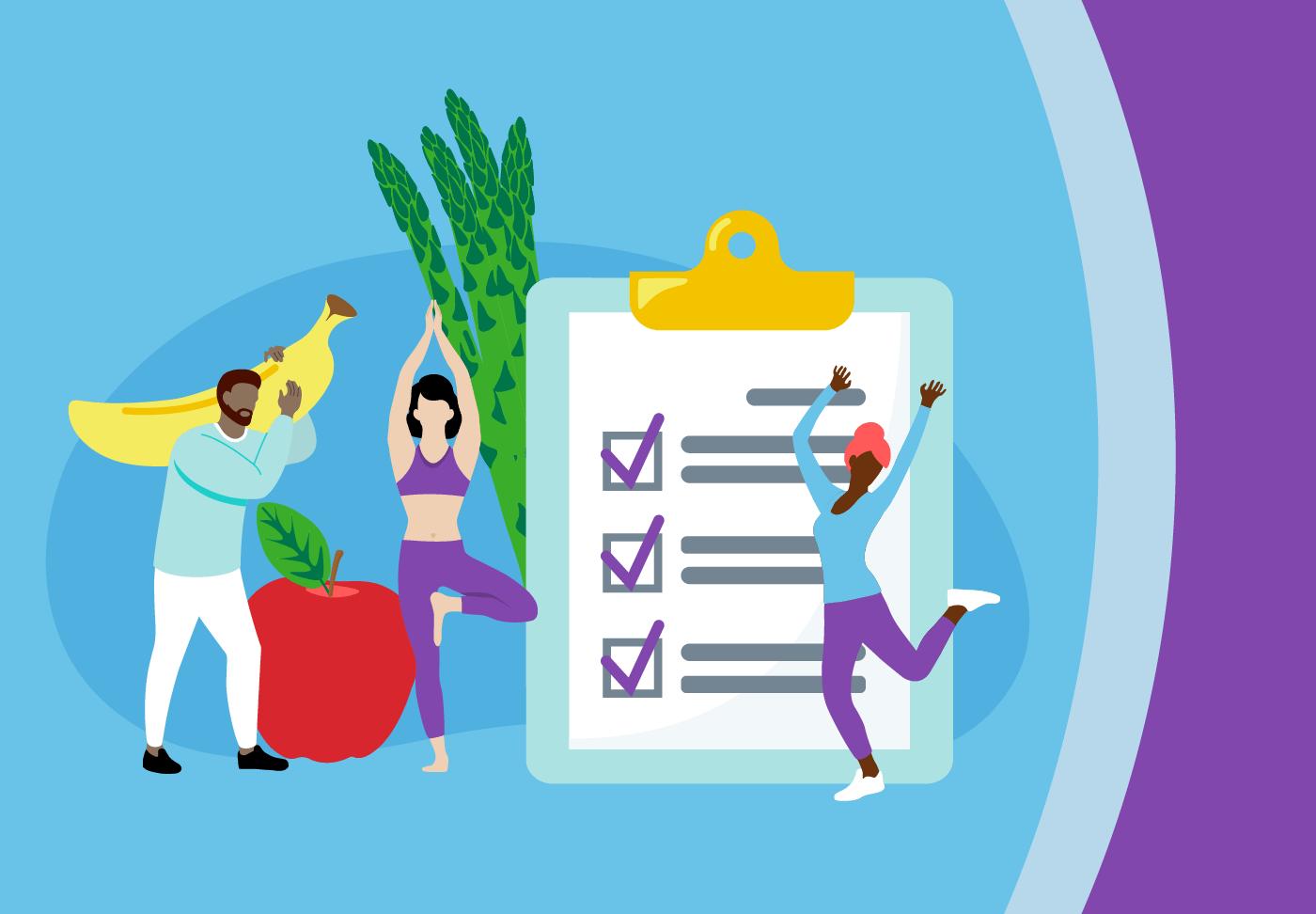 Illustration of fruits and vegetables, people exercising, checklist on clipboard