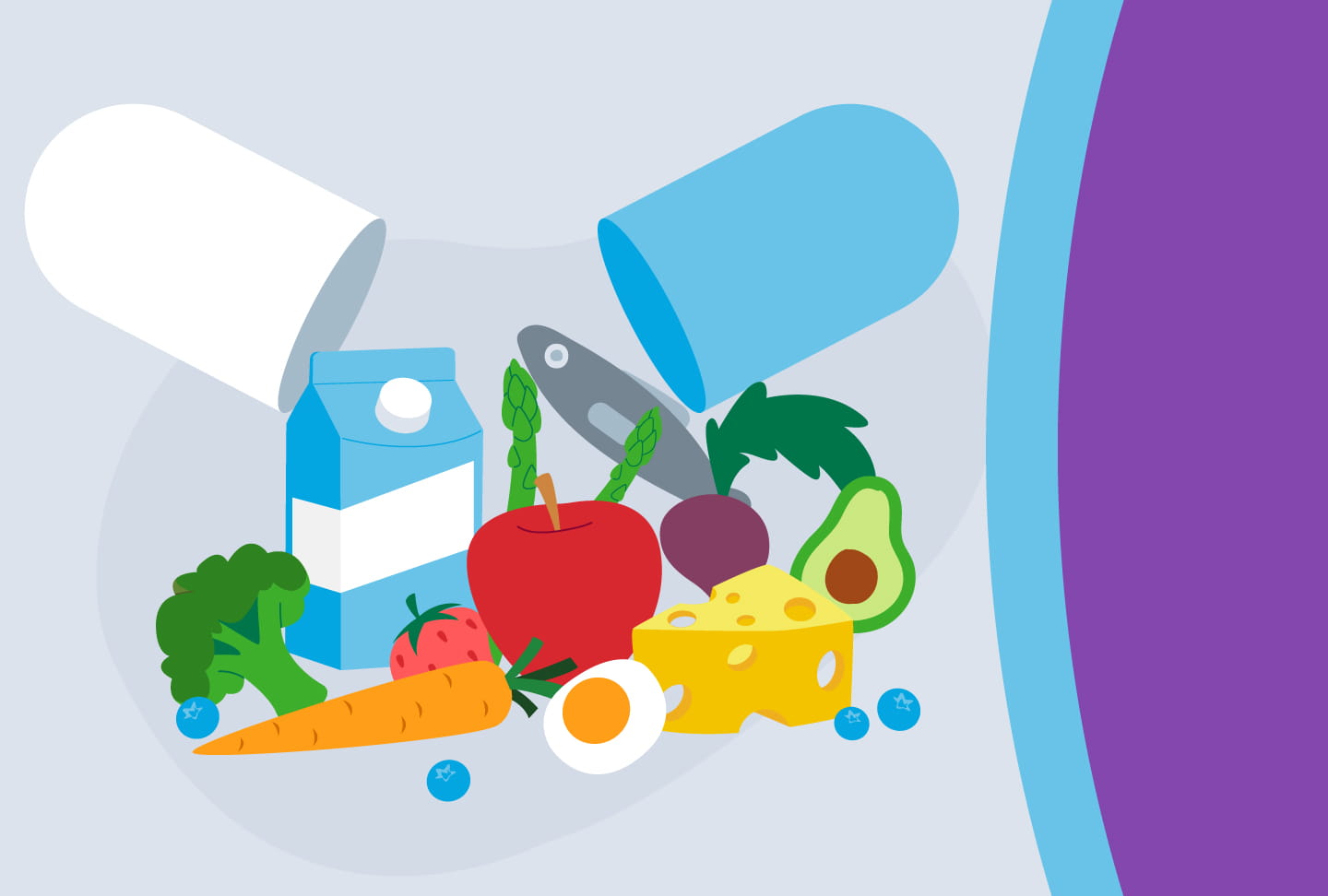Can Vitamins and Supplements Support Me in My Wellness Goals? Illustration of pill and food
