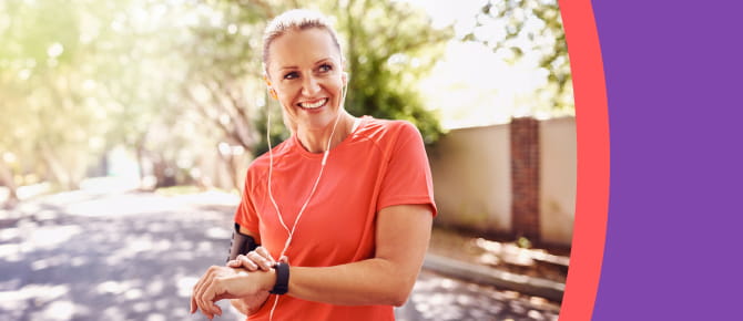 Smiling women checks her pulse during exercise. Make health your habit to prevent stroke.