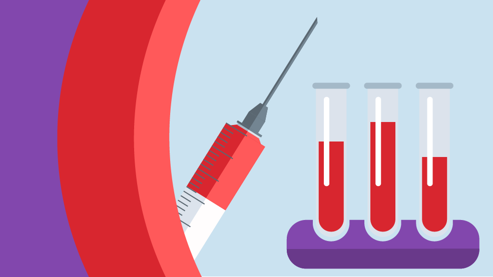 A syringe full of blood next to three vials of varying levels of blood
