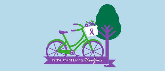 Depicts a bicycle with flowers in its basket and a cancer survivors pin attached. Text reads "In the Joy of Living, Hope Grows".