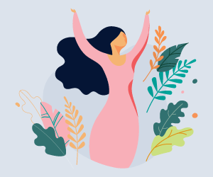 Depicts a woman standing with arms raised and long hair flowing