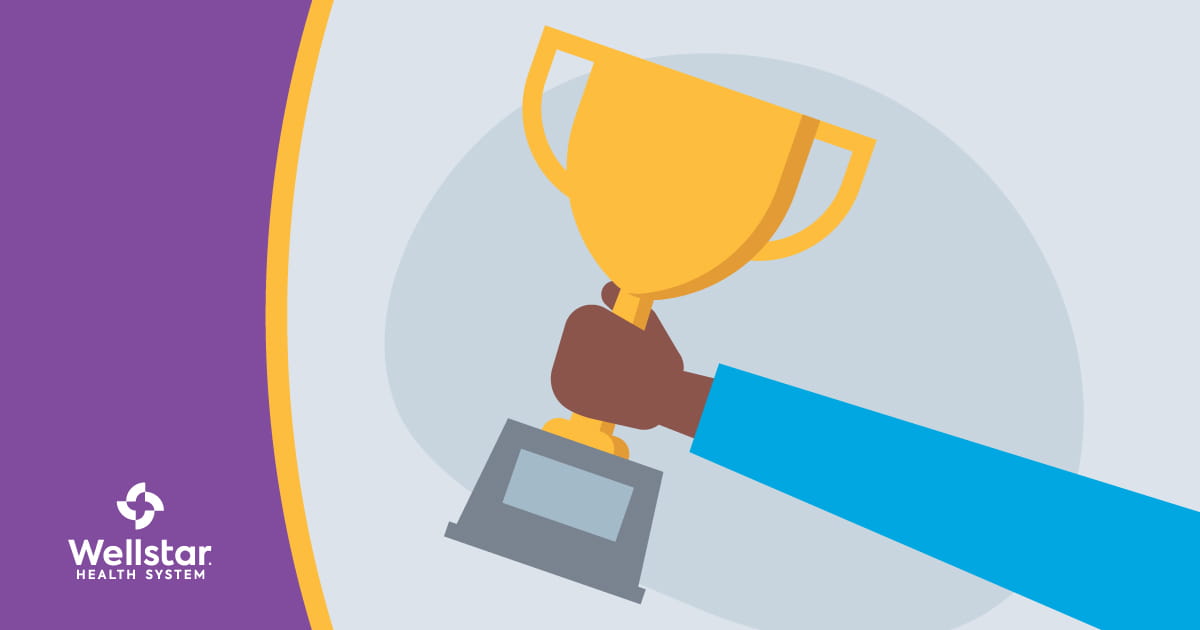 Illustration of hand holding trophy, Wellstar logo at left
