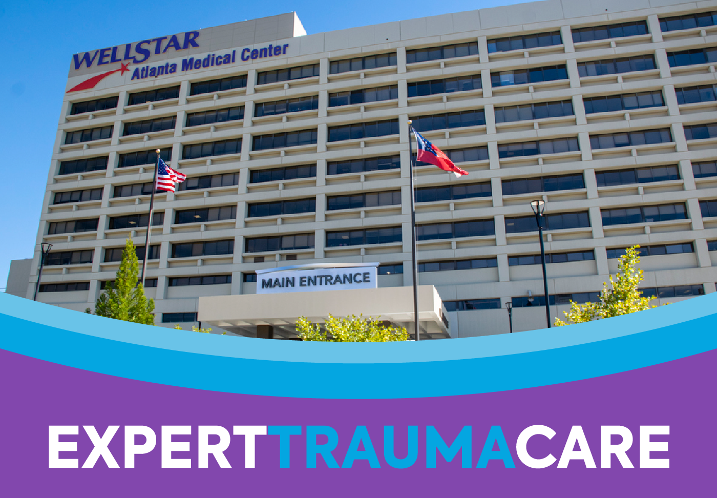 Exterior of Wellstar Atlanta Medical Center and headline Expert Trauma Care.