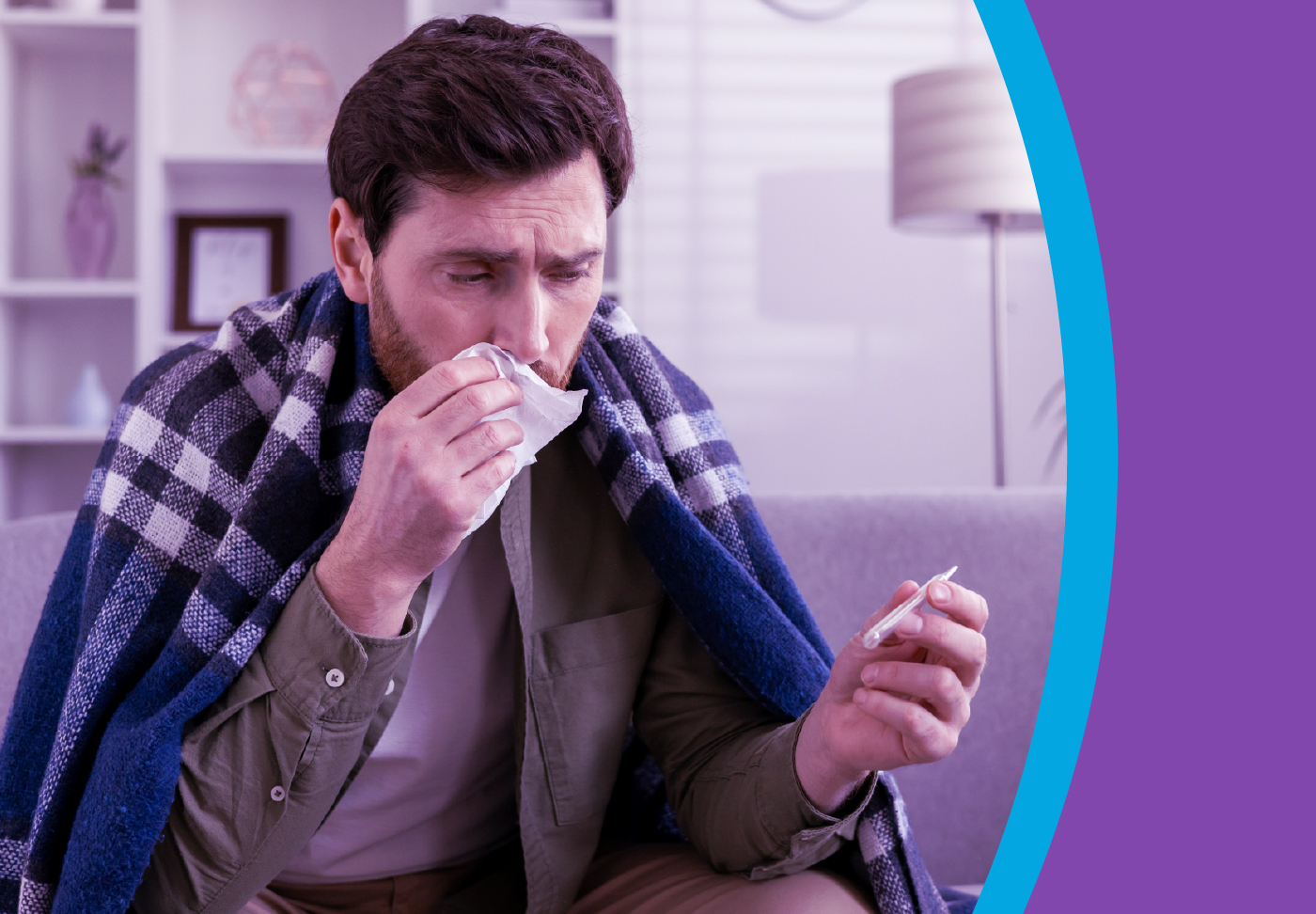 What’s Got You Sick? Person blowing nose and holding thermometer