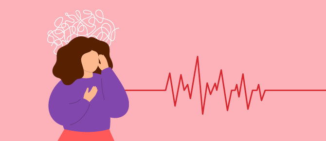 Illustration of person with waves above their head and coming from heart, experiencing sudden heart rate increase.