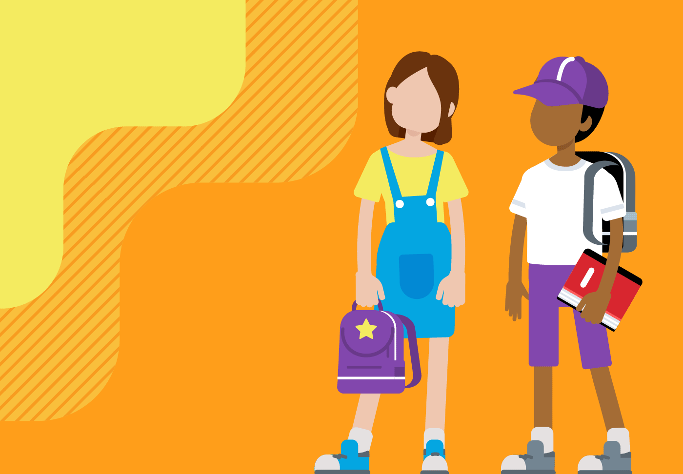 Illustration of two kids with backpacks and books