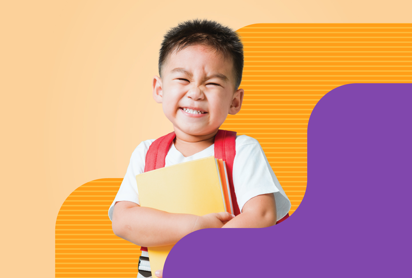 Smiling child with backpack and notebooks