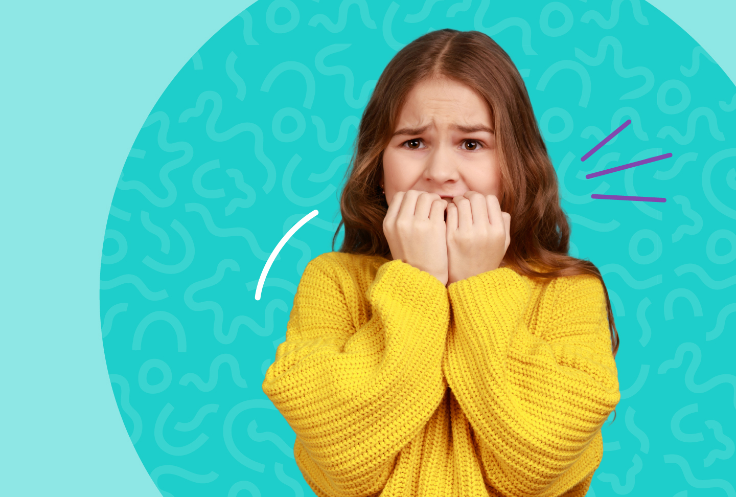 Elementary school aged girl bites fingernails and furrows her eyebrow. Parents and healthcare providers can help kids recognize and cope with feelings, stress, and anxiety.