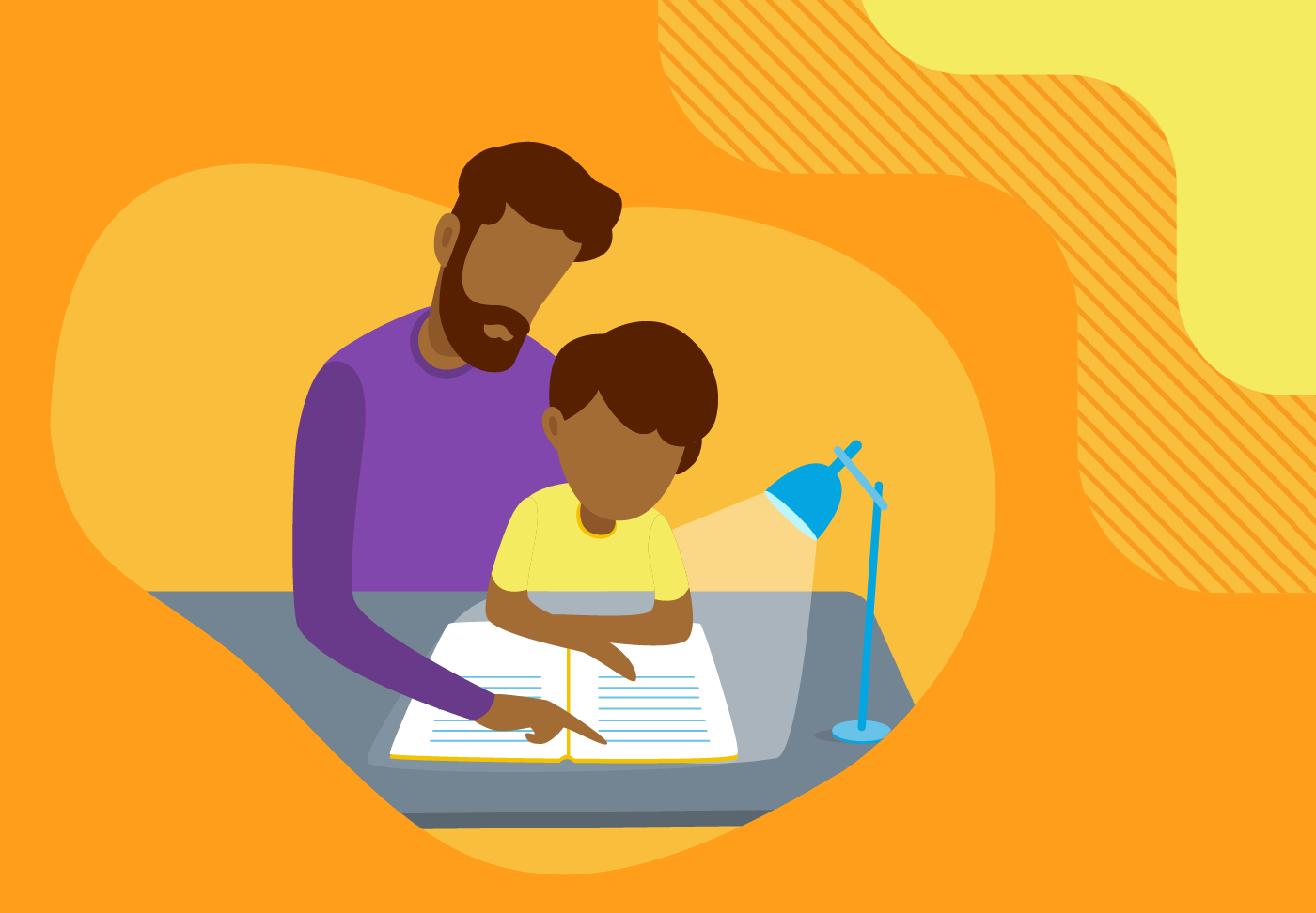 Parent helping their child study at a desk.