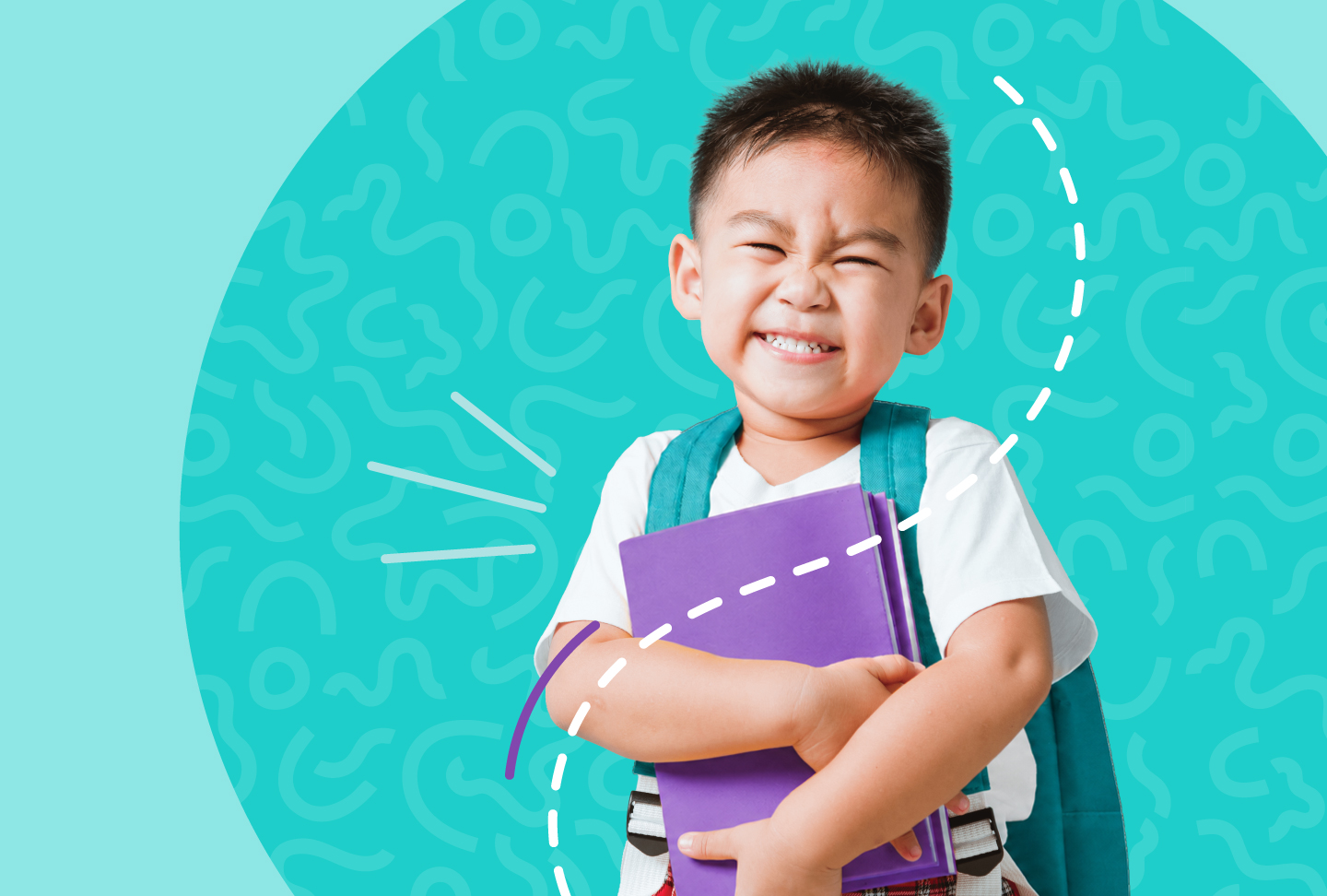 Smiling child with backpack and notebooks