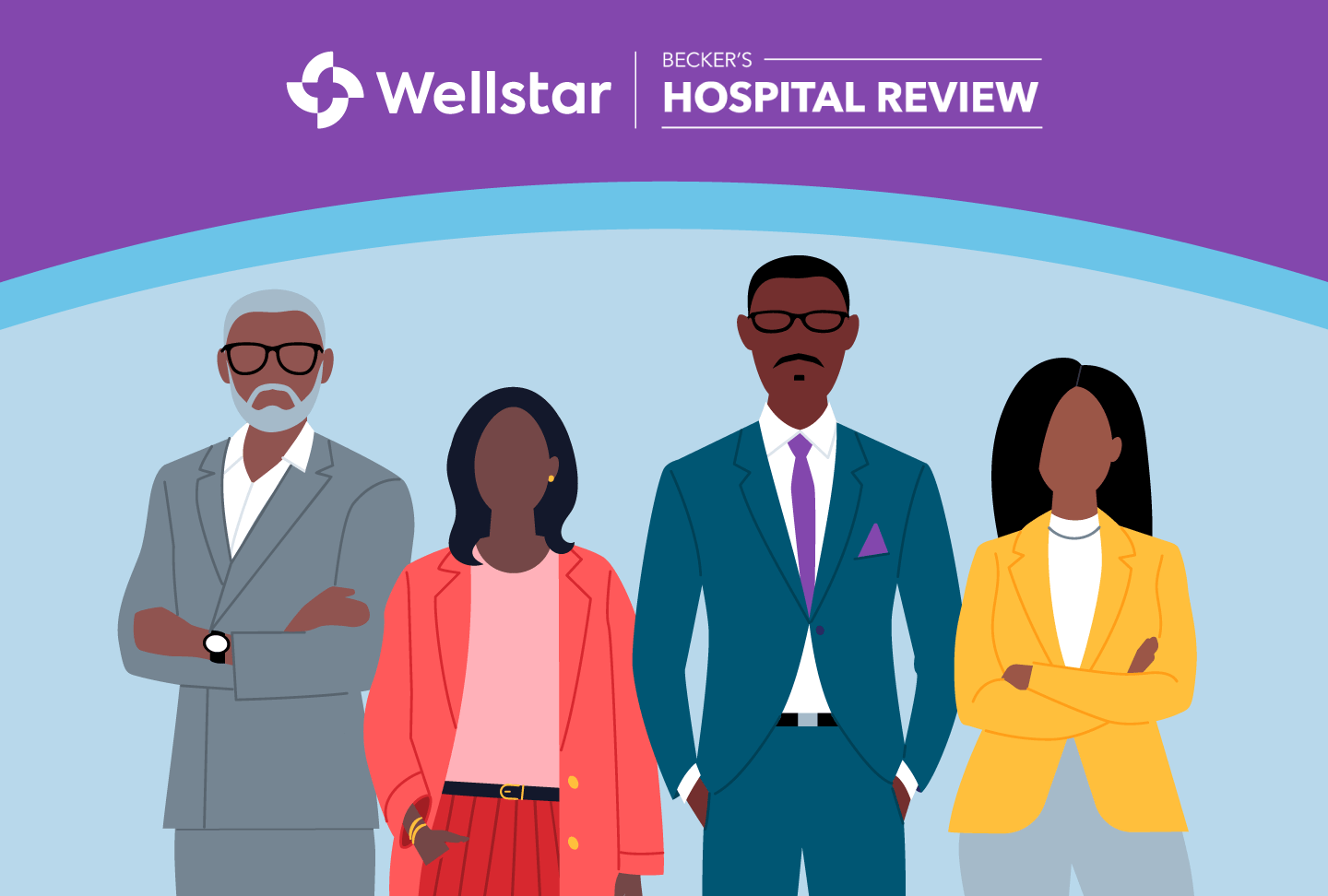 Illustration of group of people. Wellstar and Becker's Hospital Review logos.