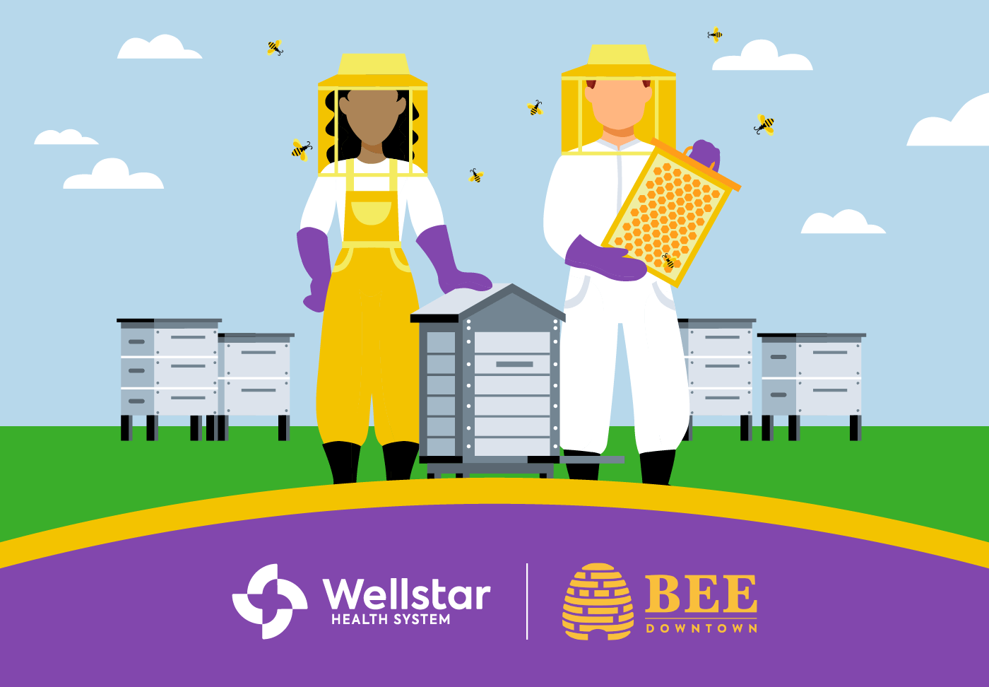 Illustration of two people working at a honeybee farm.