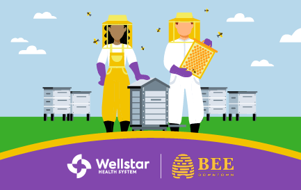 Illustration of two people working at a honeybee farm.