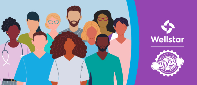 Illustration of group of people. Wellstar and Best of Cobb logos
