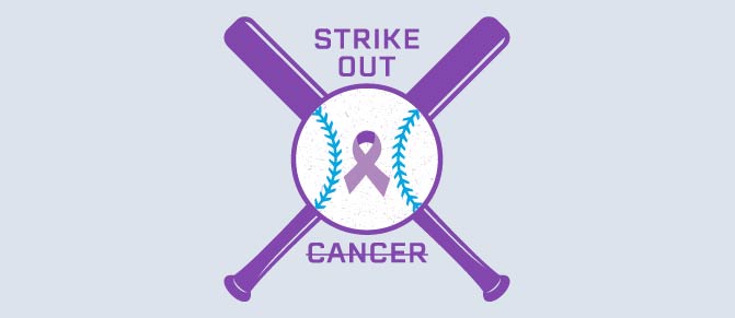 Illustration of baseball with ribbon and bats. Text reads "Strike out cancer"
