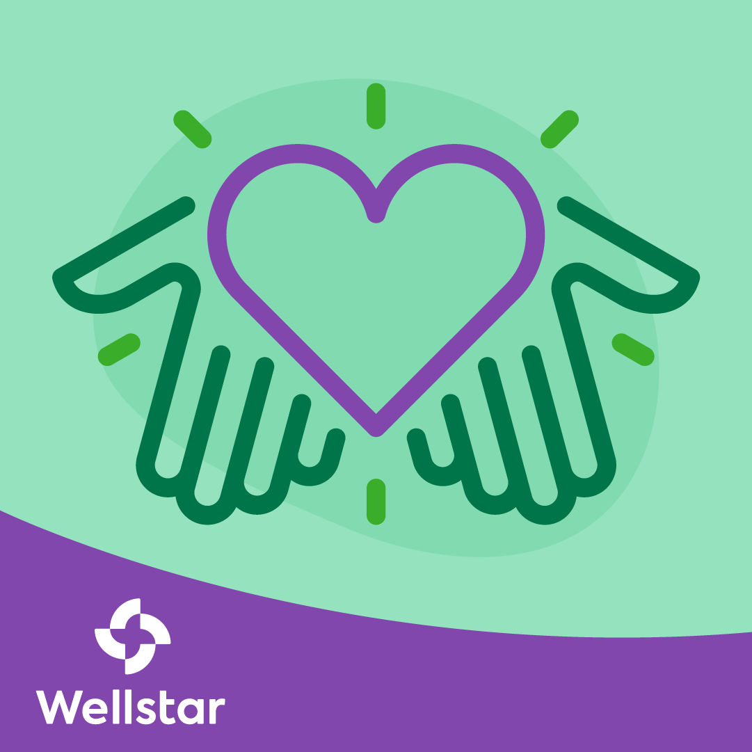 Illustration of hands holding heart. Wellstar and Lown Institute logos
