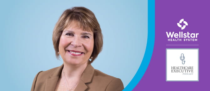 Headshot photo of Jill Case-Wirth. Wellstar and Healthcare Executive podcast logos.