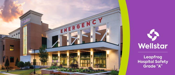 Exterior photo of Wellstar Kennestone Regional Medical Center. Wellstar logo. Text reads "Leapfrog Hospital Safety Grade A"