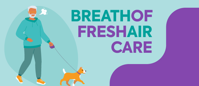 Illustration of person walking dog. Text reads "BreathofFreshAirCare"