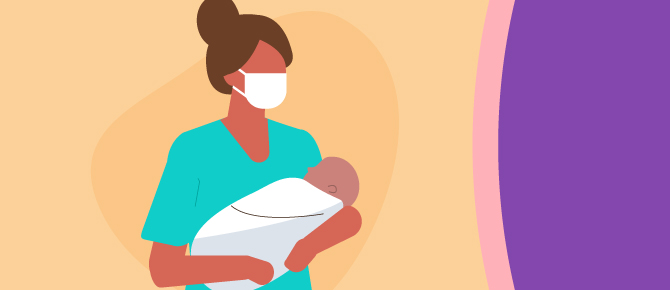 Illustration of provider with mask holding baby
