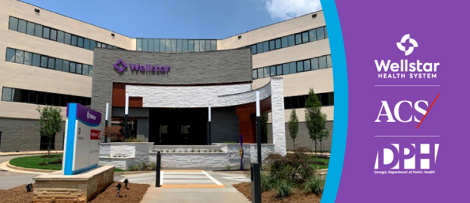 Exterior photo of Wellstar North Fulton Medical Center. Wellstar, American College of Surgeons and Georgia Department of Public Health logos