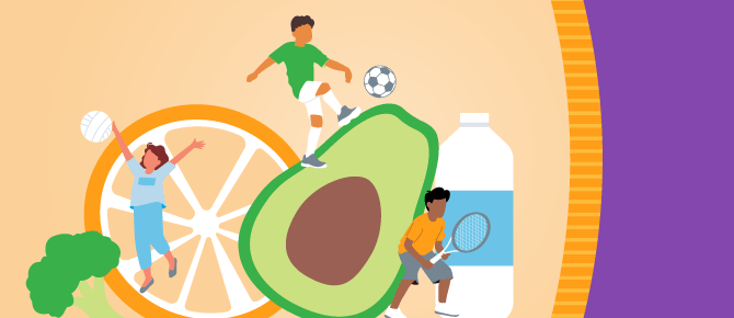 Illustration of children playing sports surrounded by fruits and vegetables, water bottle