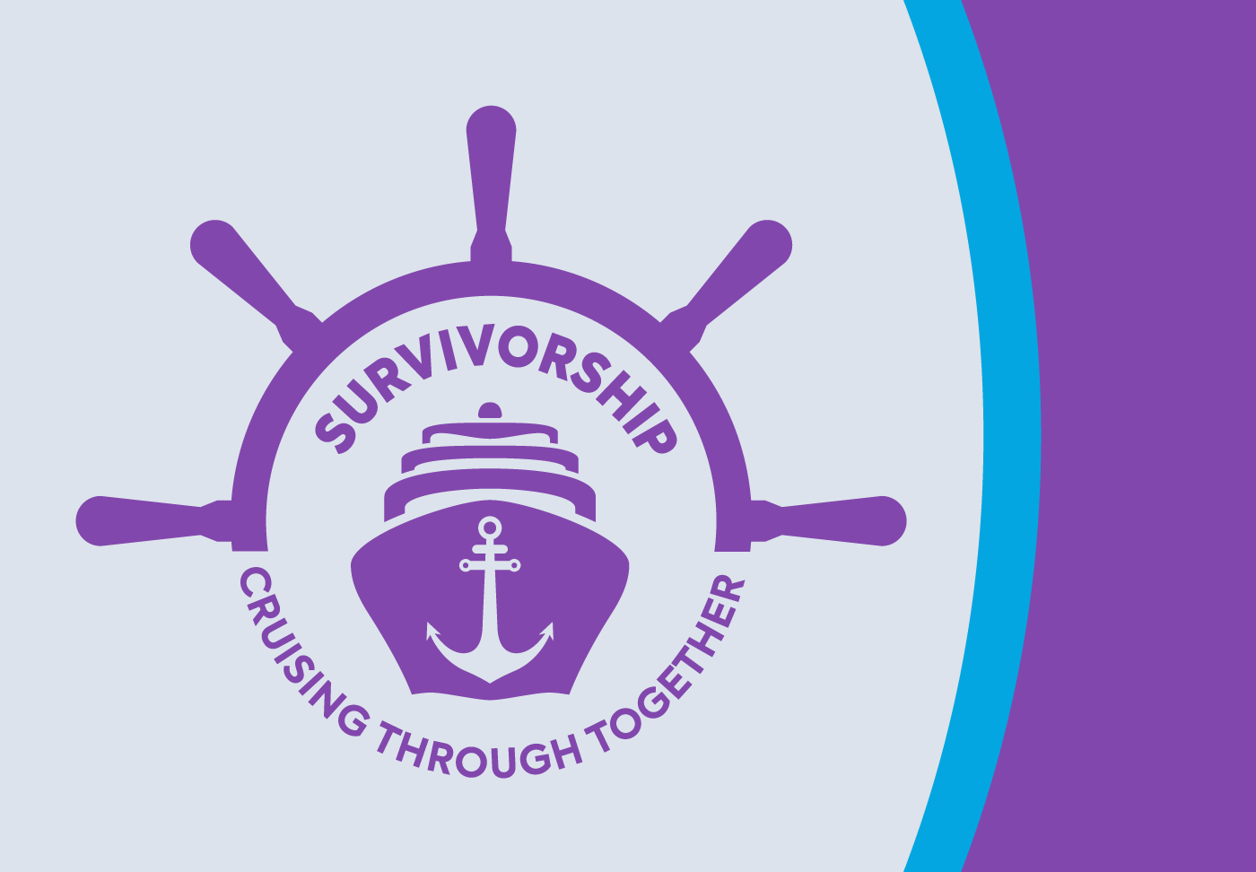 Illustration of boat and ship wheel. Text reads "Survivorship, cruising through together"