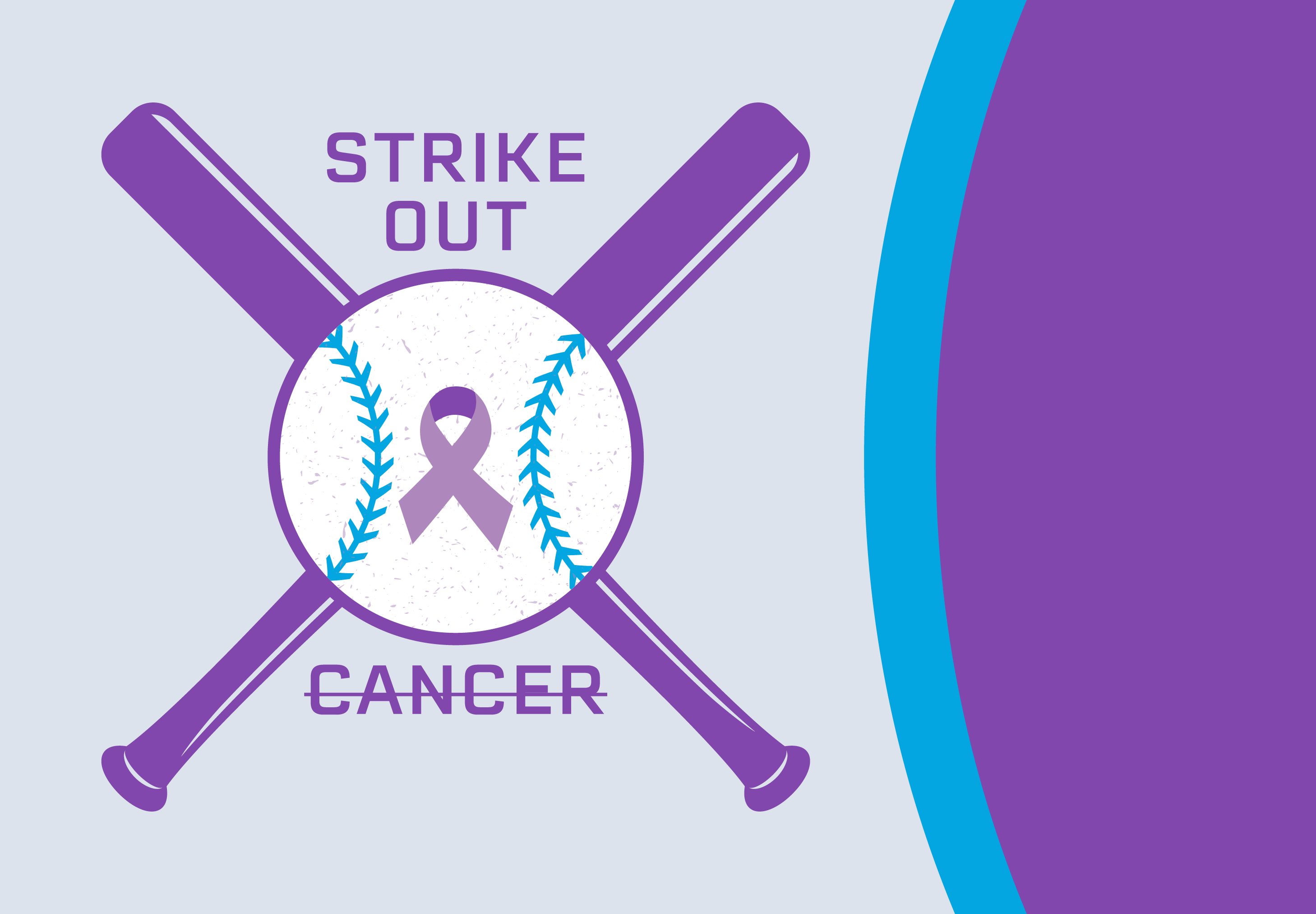 Illustration of baseball with ribbon and bats. Text reads "Strike out cancer"