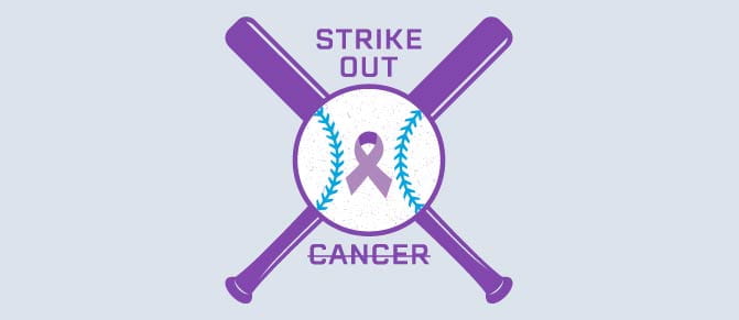 Illustration of baseball with ribbon and bats. Text reads "Strike out cancer"